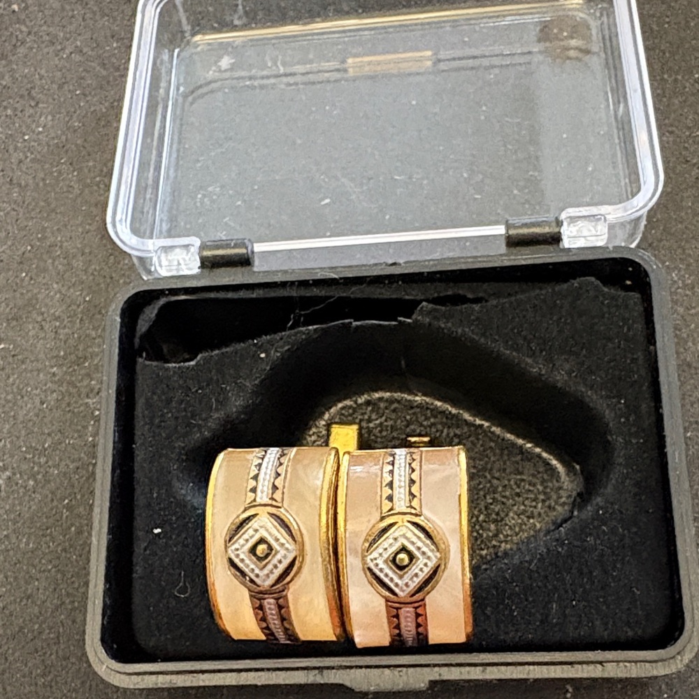 Vintage Damascene Gold-Tone and Rose Inlay Cufflinks From Toledo Spain